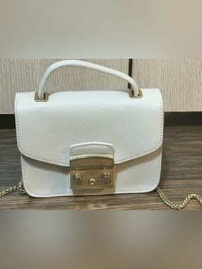Furla White Leather Crossbody with Gold Chain Lock
